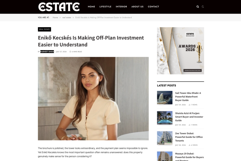 Enikő Kecskés Featured in Estate Magazine | Dubai Off-Plan Real Estate Insights
